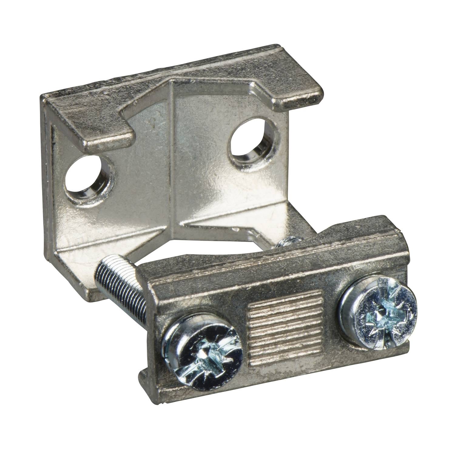 Coin métallique avec des vis, utilisé pour fixer des assemblages en bois ou en métal, présenté sur un fond neutre.