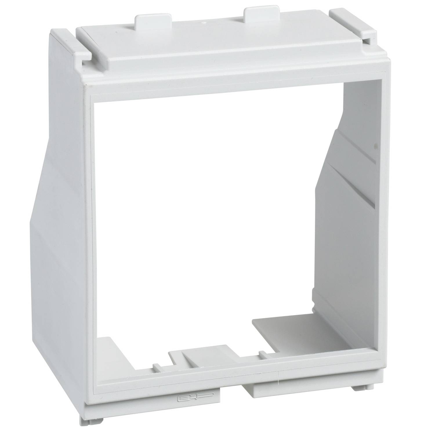 Un cadre rectangulaire blanc en plastique au design ouvert, probablement un boîtier ou un couvercle pour un composant technique.