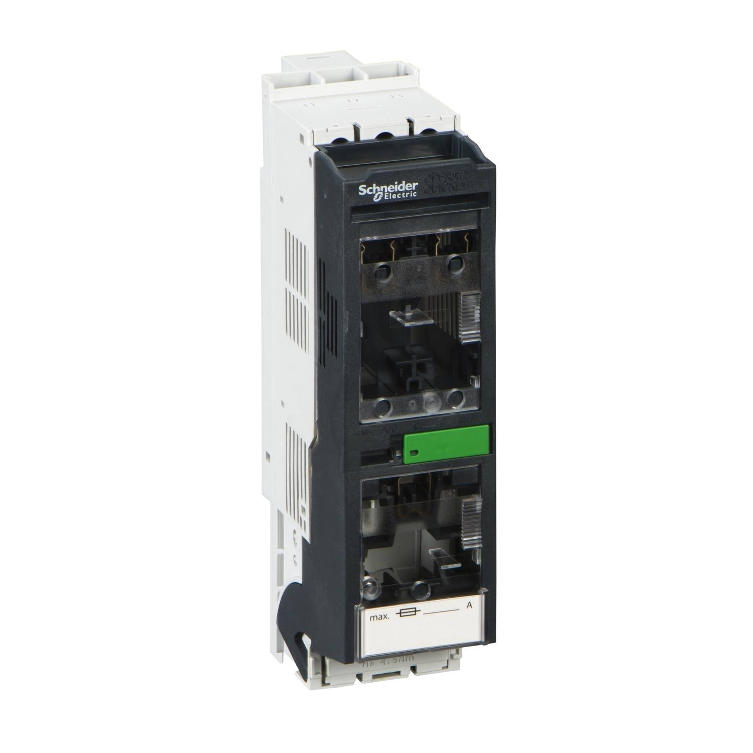 Disjoncteur électrique de Schneider Electric, étroit, monté verticalement, avec bornes de connexion visibles à l'avant.