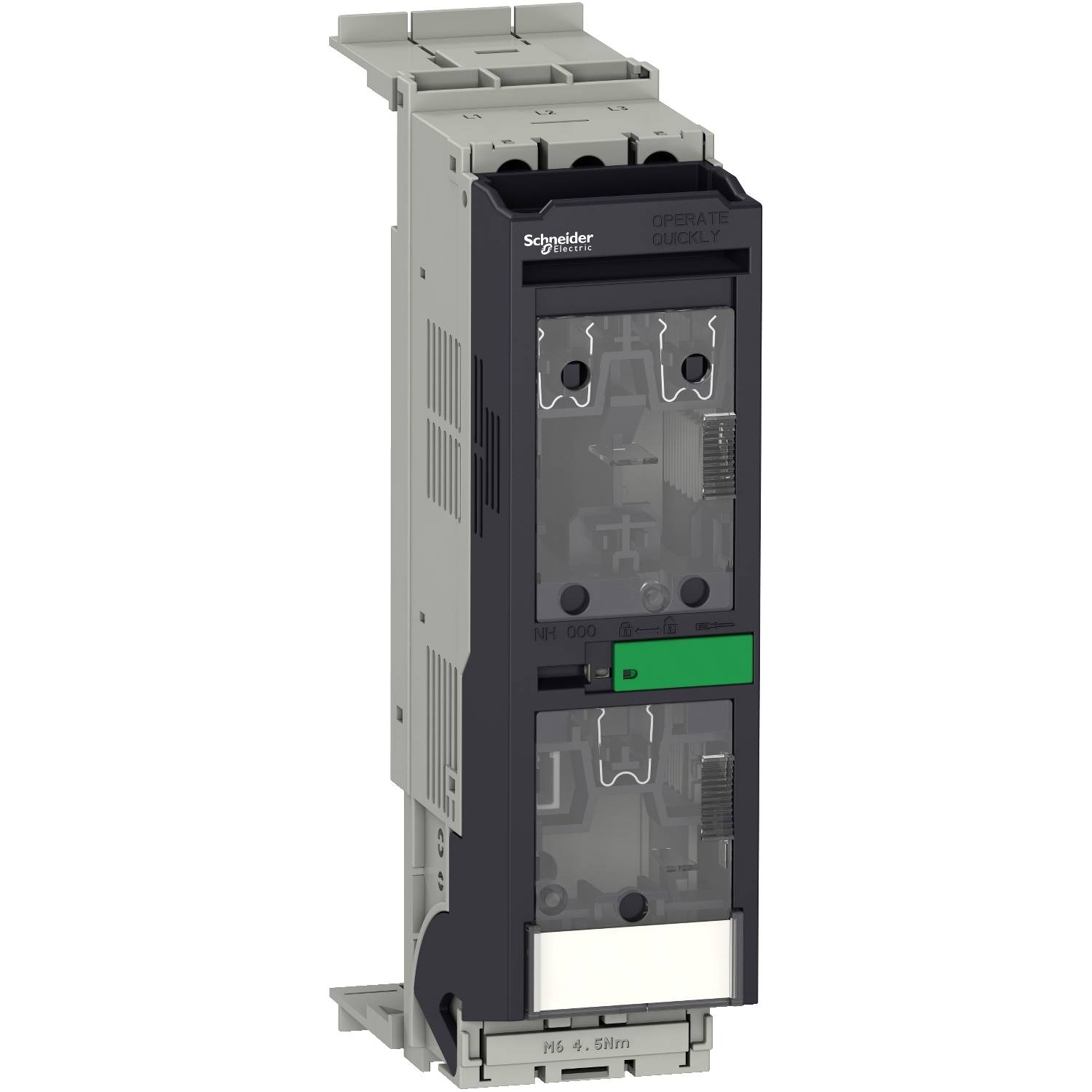 Un module de commutation électrique de forme rectangulaire avec un panneau avant noir et des éléments verts, portant l'inscription 'Schneider'.