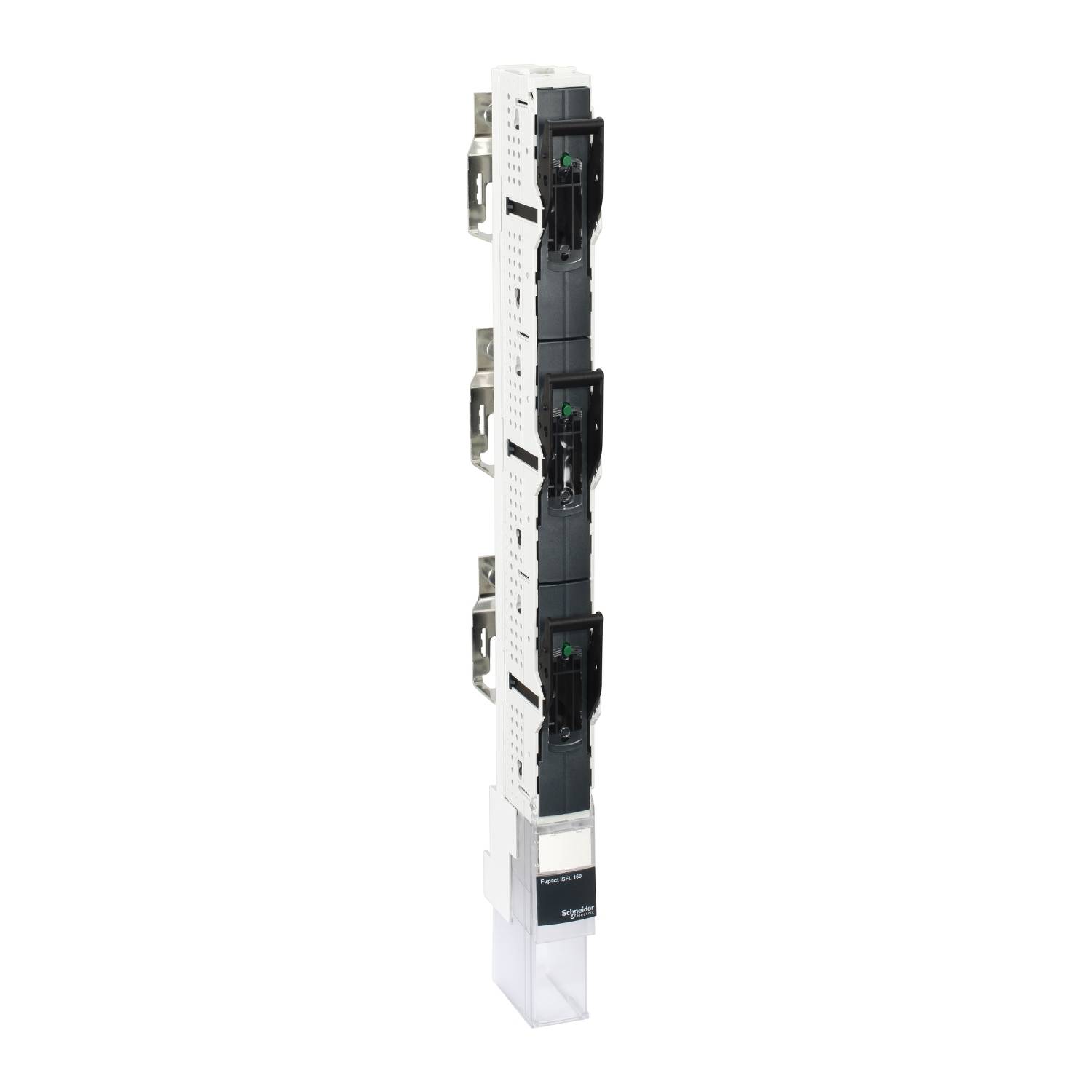 L'illustration montre un bloc de commutateurs électriques verticaux de Schneider Electric, composé de plusieurs composants noirs et blancs.