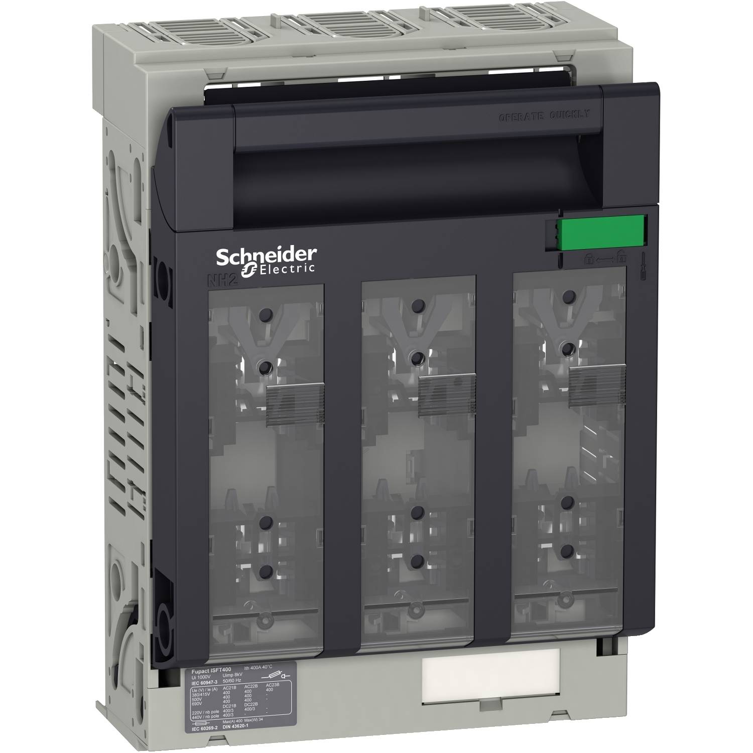 Un disjoncteur électrique de Schneider Electric, avec trois positions de commutation, convient aux applications industrielles.