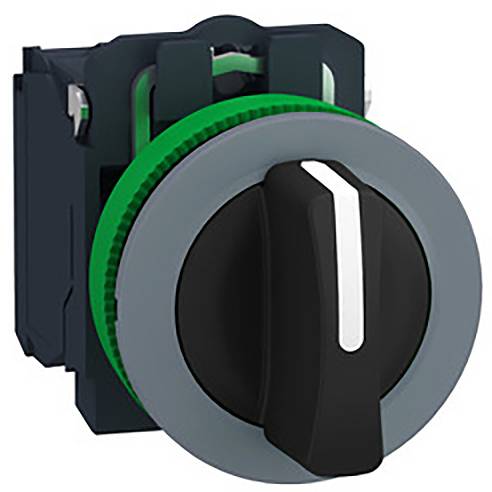 Un commutateur rotatif noir avec une bande de marquage blanche et un anneau vert. Le commutateur est monté dans un support rectangulaire.