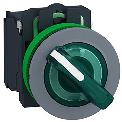 Un commutateur rotatif vert, rond, avec un bord gris en position neutre. Le commutateur convient aux applications industrielles.