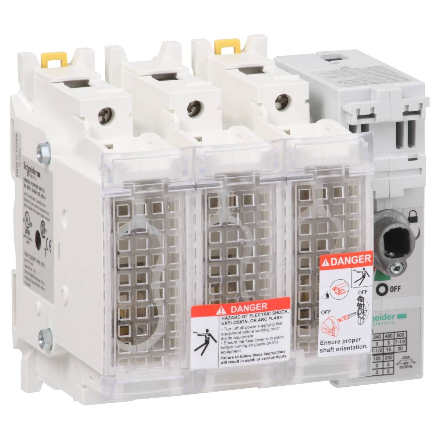 Un sectionneur triphasé de Schneider Electric avec des avertissements de danger d'électrocution.