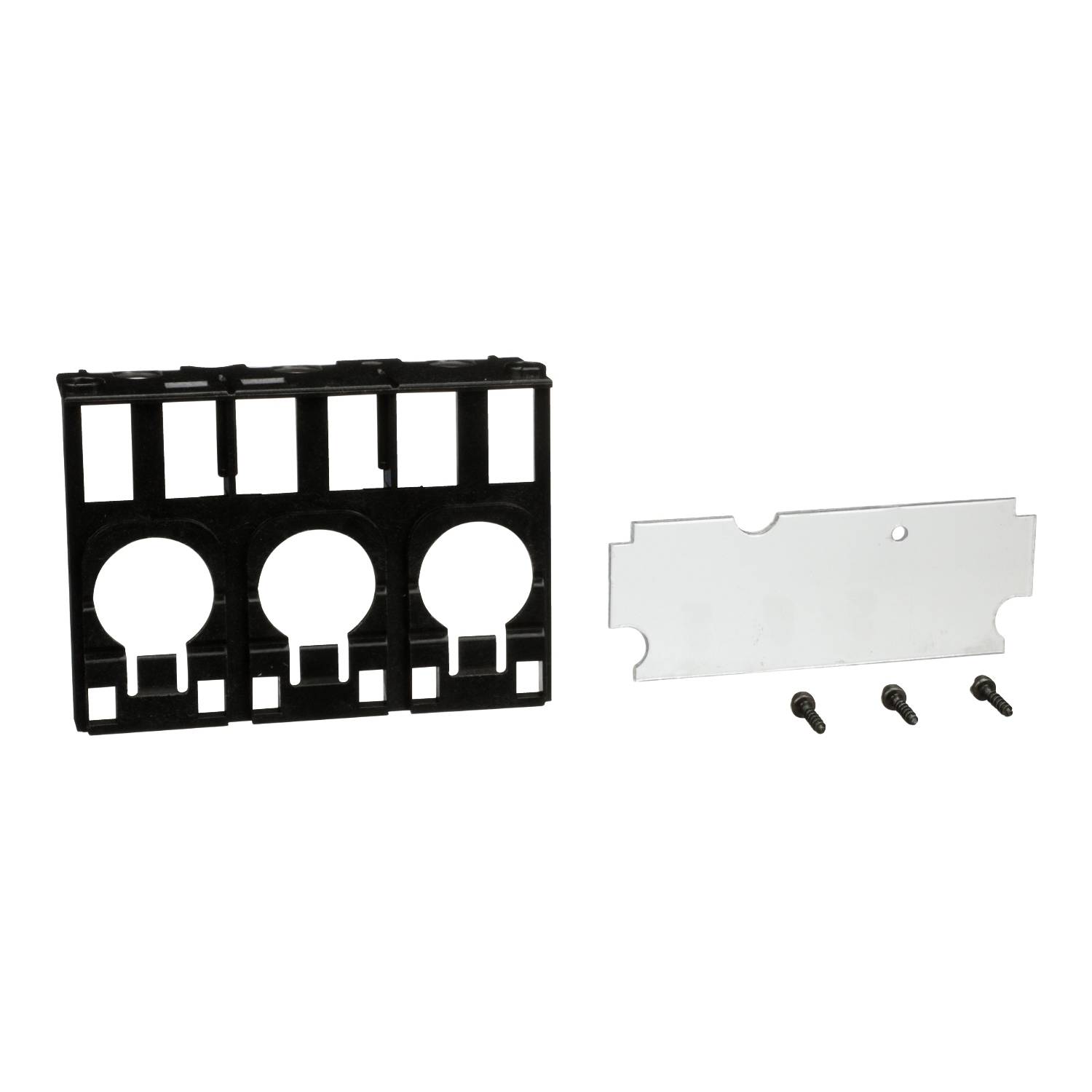 Support de montage noir avec de la place pour trois insertions rondes, à côté d'une plaque blanche et trois vis sur un fond blanc.