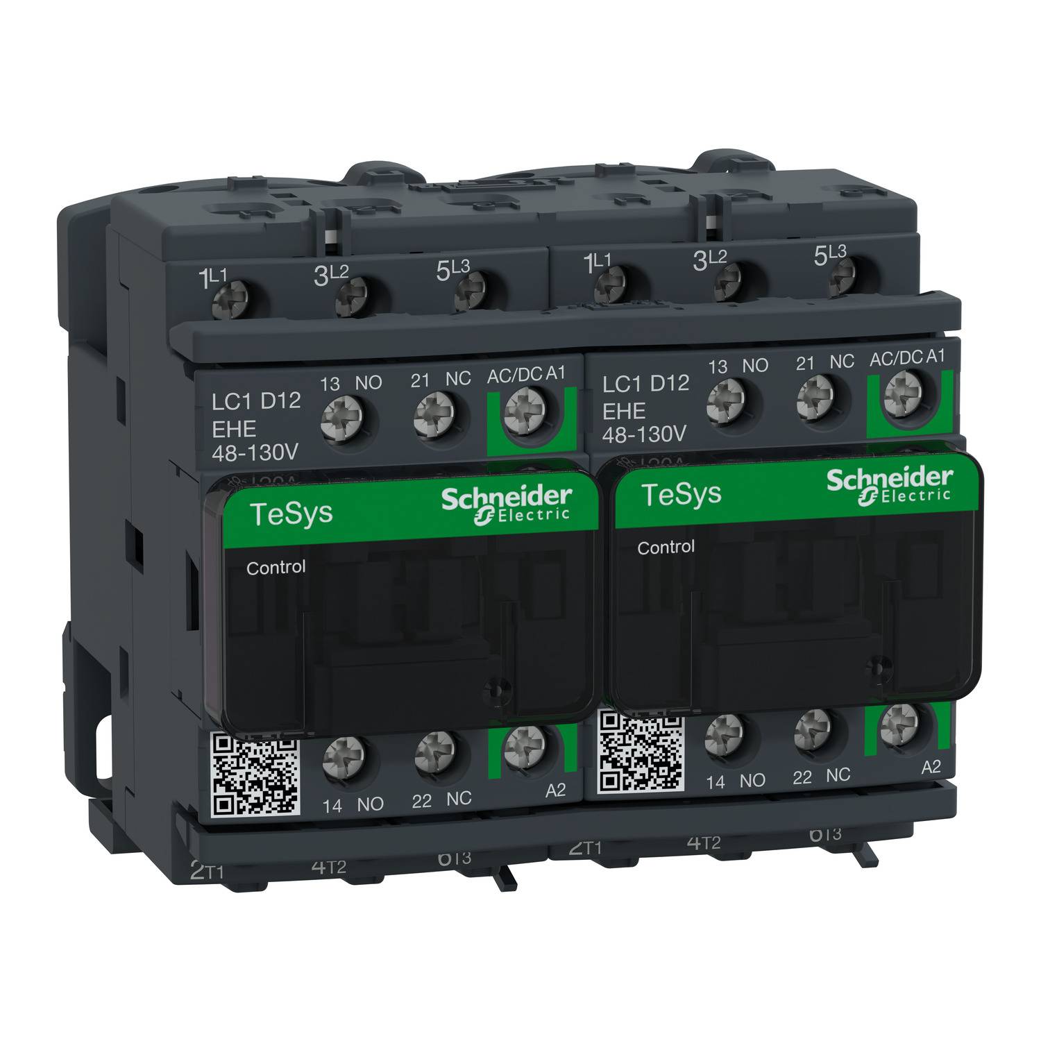 Un disjoncteur électrique noir de Schneider Electric avec des marquages verts et blancs et plusieurs bornes de connexion.