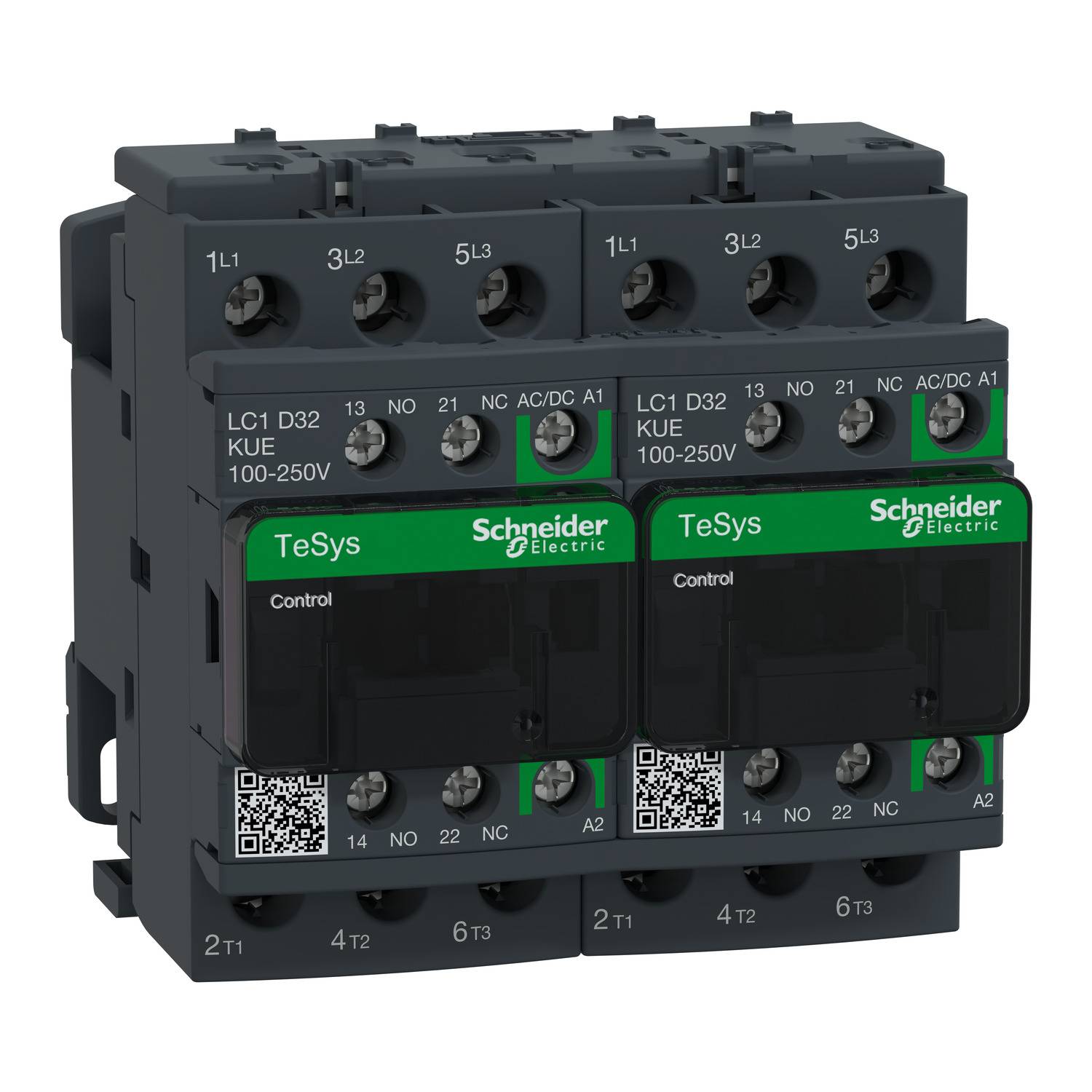 Un contacteur industriel noir de Schneider Electric avec des étiquettes vertes et blanches, adapté pour des tensions de 100-250V.