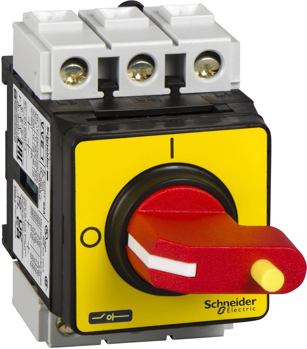 'Commutateur rotatif avec poignée rouge et fond jaune, marquage 'Schneider Electric'.'