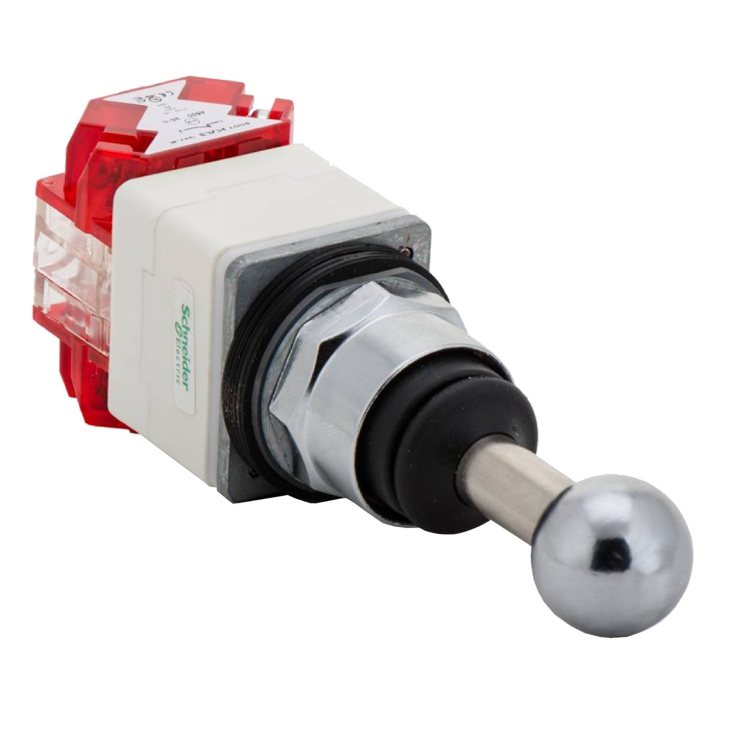 Un commutateur de joystick métallique avec un boîtier rouge à l'arrière-plan, probablement un composant d'un système de commande de machine.
