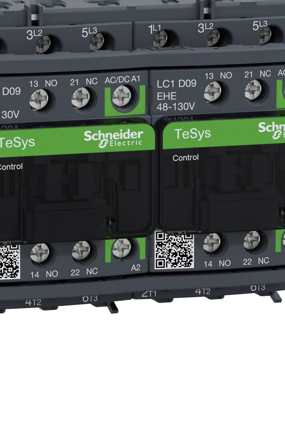 Un dispositif de commutation industriel de Schneider Electric avec des éléments verts et plusieurs bornes de connexion.