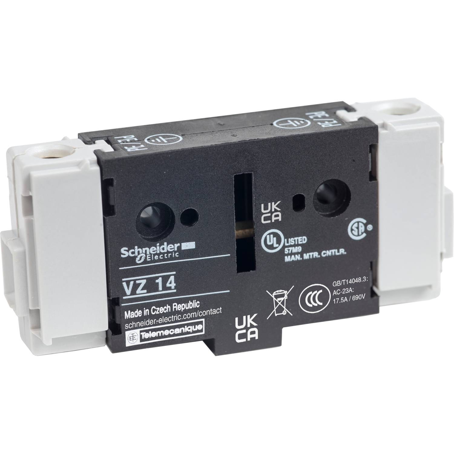 Élément de connexion Schneider Electric VZ 14, noir et blanc, certifié UKCA et UL. Fabriqué en République tchèque.