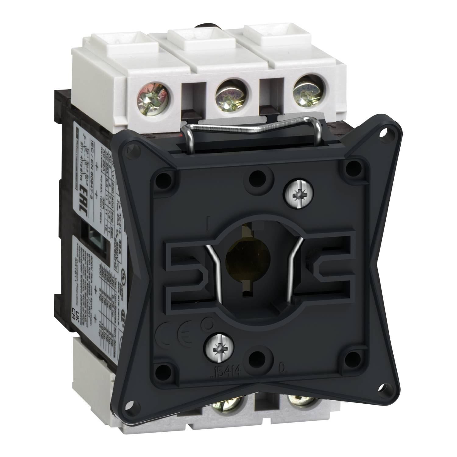 Un interrupteur noir et rectangulaire avec des connexions à vis métalliques et une partie centrale pivotante sur un fond blanc.