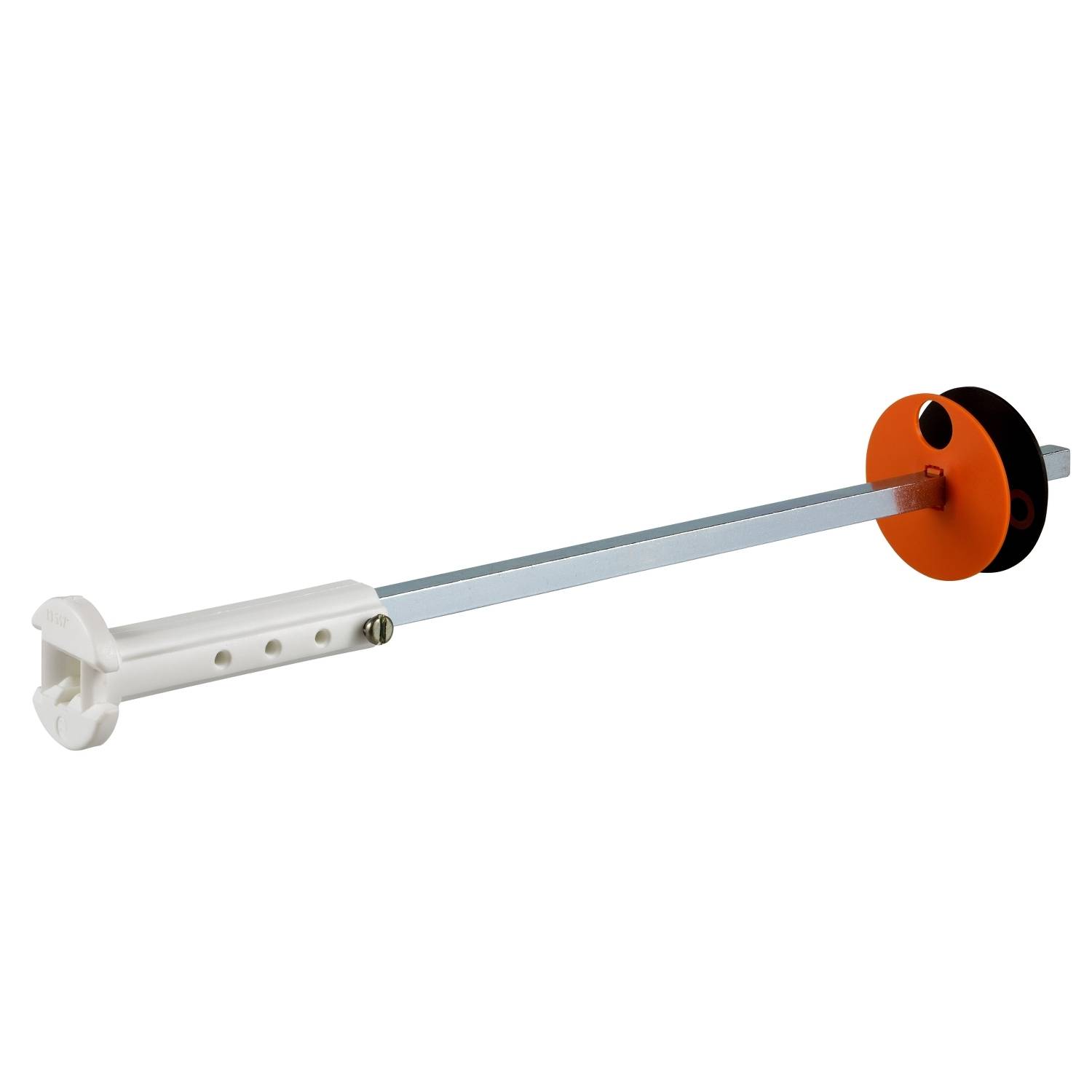 Un verrou métallique avec une poignée blanche et un disque orange pour sécuriser les portes.