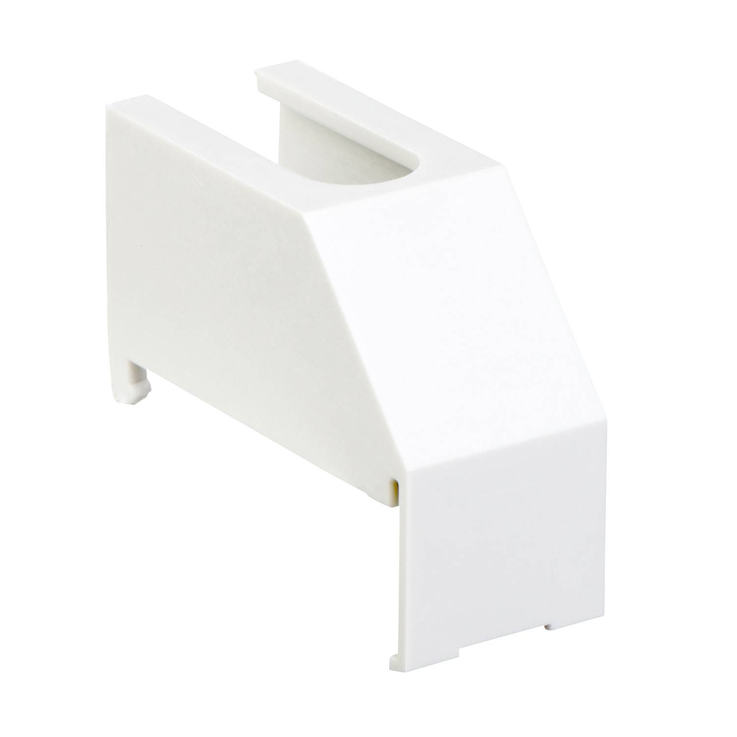 Couvercle en plastique blanc en forme de boîtier rectangulaire avec un dessus biseauté et une ouverture sur un côté, probablement destiné à la gestion des câbles.
