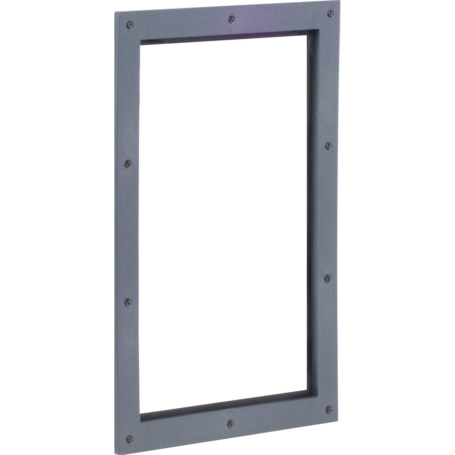 Cadre métallique gris rectangulaire avec des vis aux coins.