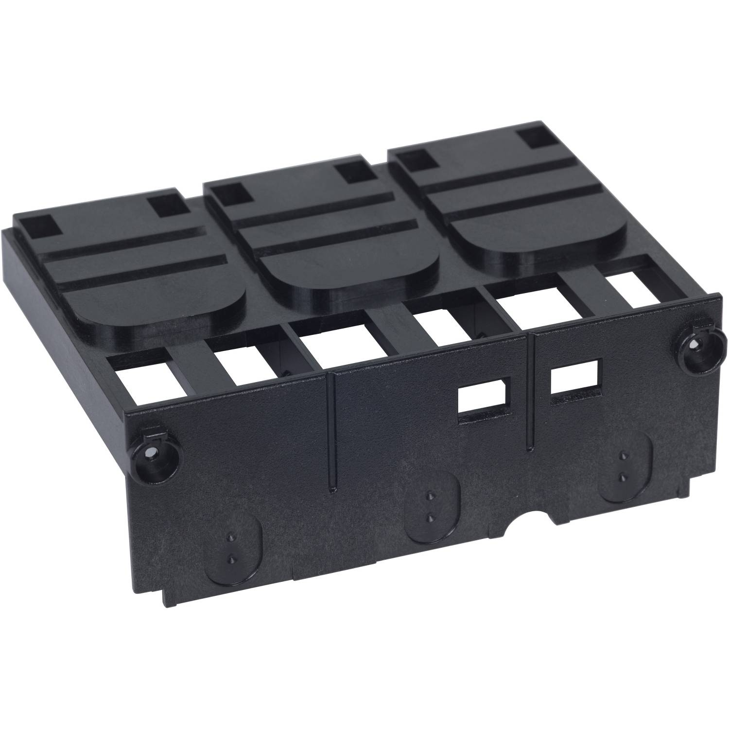 Support en plastique noir rectangulaire avec trois compartiments, adapté au montage d'interrupteurs ou de connecteurs.