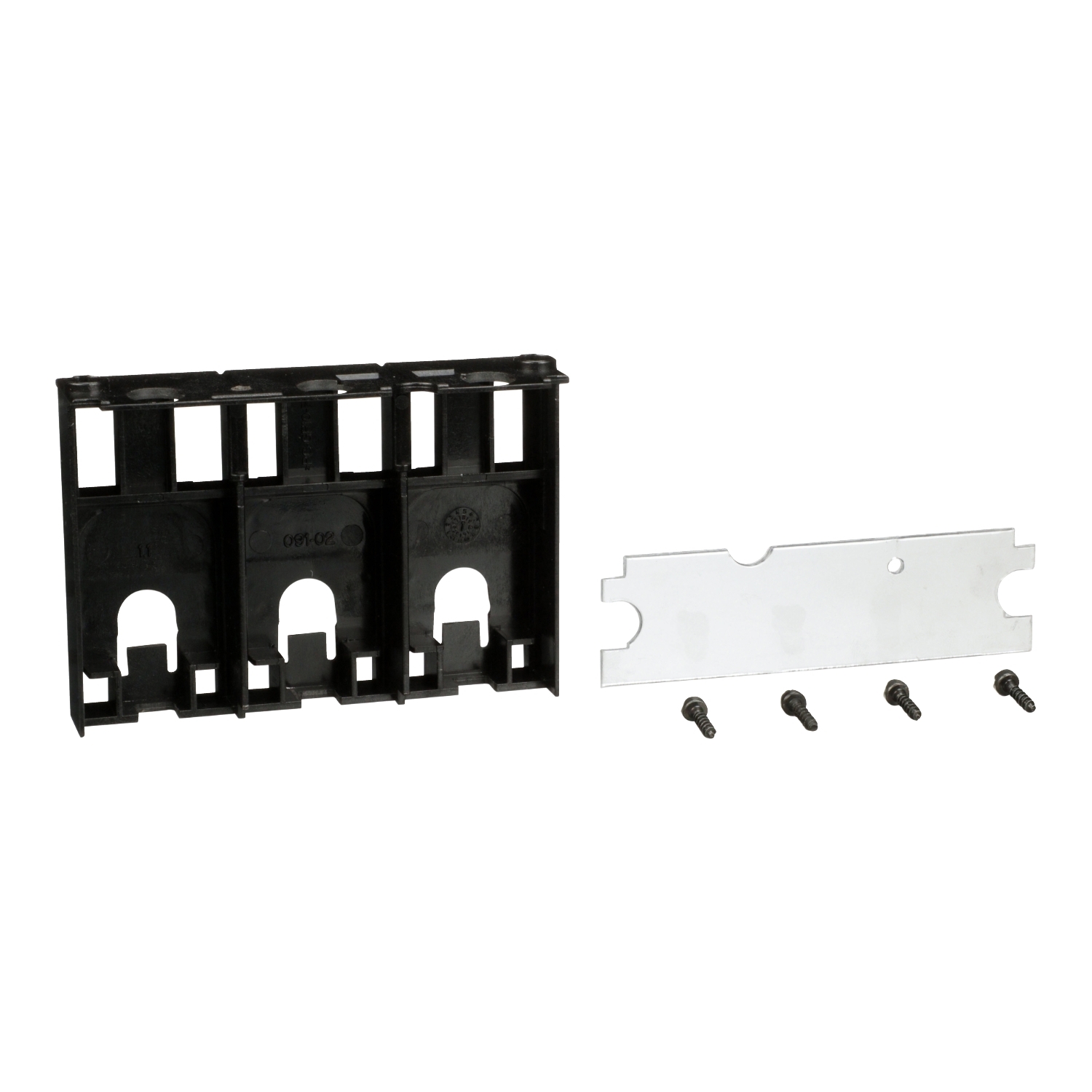 Support noir et plaque blanche avec quatre vis ; éléments d'un kit de montage, probablement destinés à des installations électriques.
