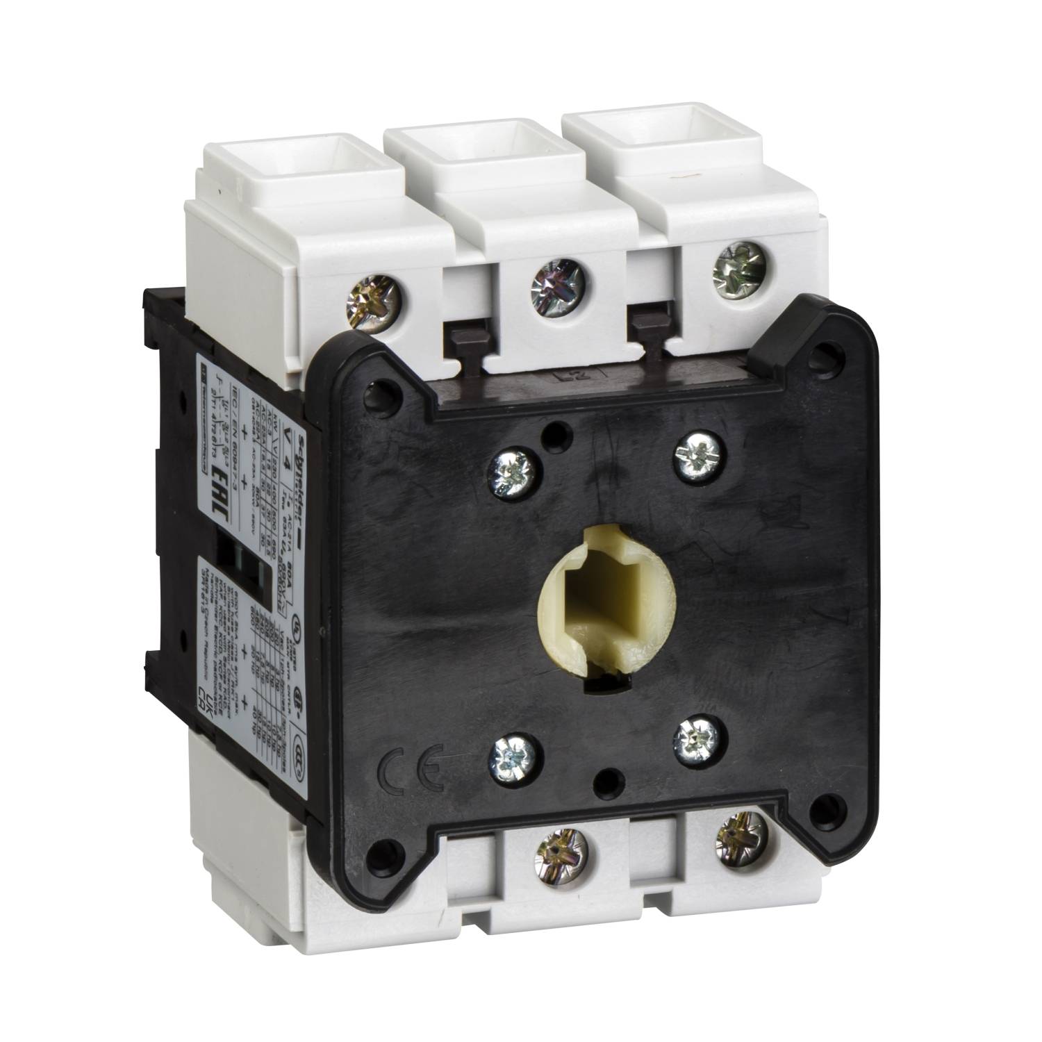 Un interrupteur-sectionneur tripolaire avec boîtier blanc et façade noire, adapté pour interrompre les circuits électriques.
