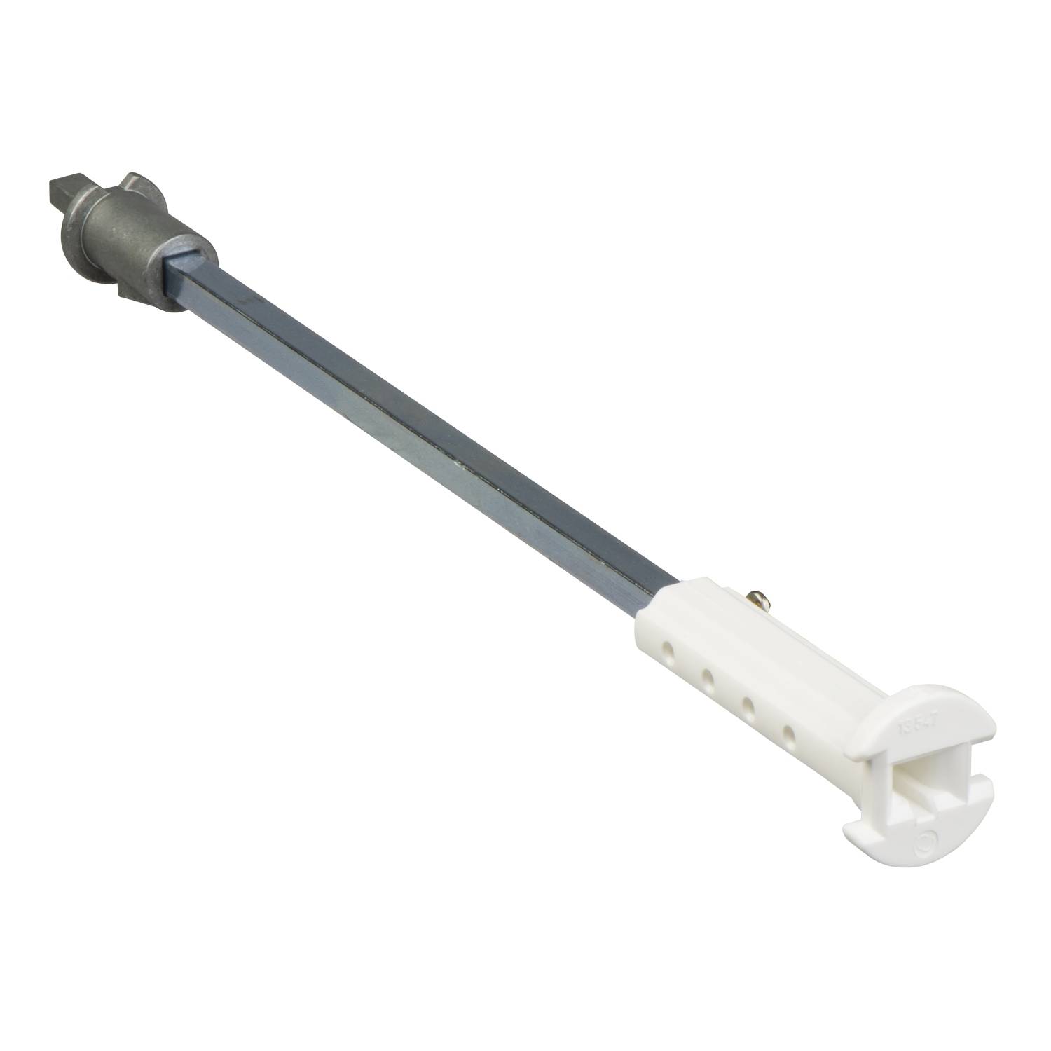 Long stylo gris en métal avec un embout cylindrique blanc en plastique, sur un fond blanc.