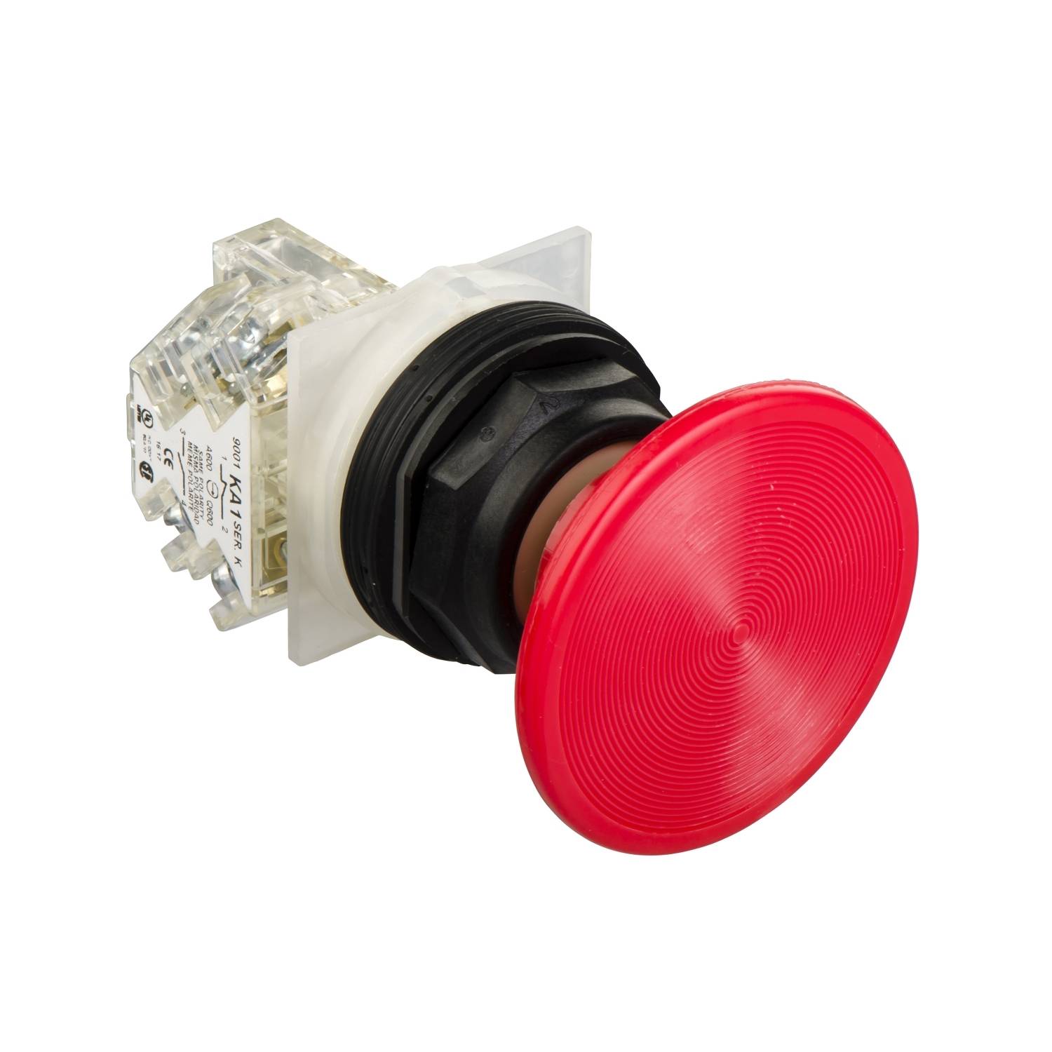 Bouton d'arrêt d'urgence rouge avec boîtier transparent. Essentiel pour les arrêts de sécurité sur les machines et les installations.