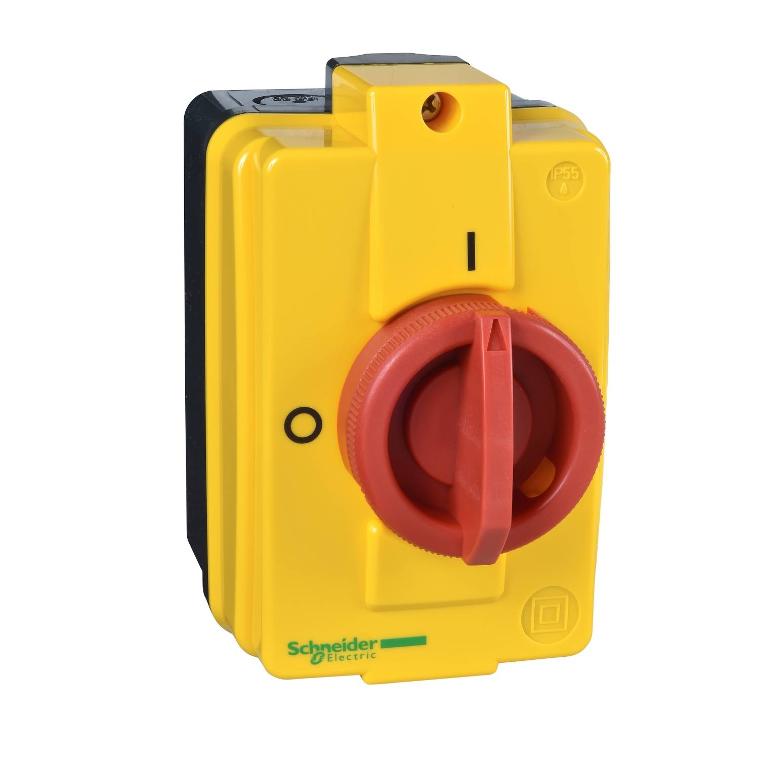 Un interrupteur principal jaune de Schneider Electric avec une poignée de rotation rouge, marqué des positions « 0 » (arrêt) et « I » (marche).