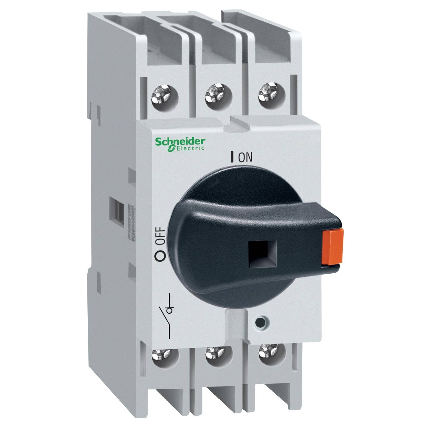 Interrupteur rotatif pour appareils électriques en position 'OFF', fabriqué par Schneider Electric, avec poignée noire et boîtier blanc.