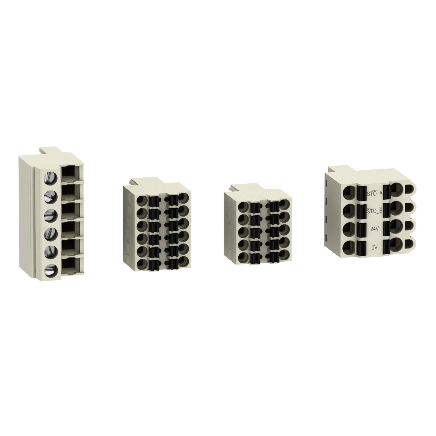 Image de quatre connecteurs électriques de différentes tailles et formes, disposés côte à côte. Ils sont utilisés pour relier des lignes électriques.