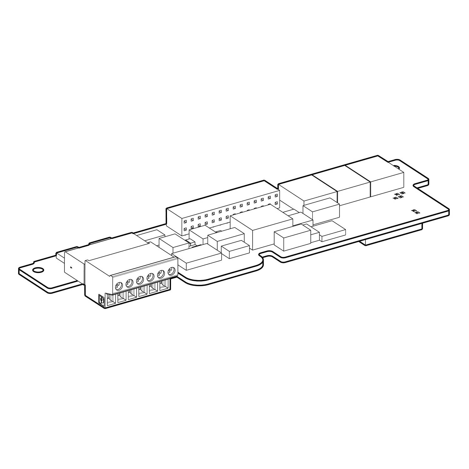 Diagramme linéaire montrant un circuit électronique modulaire avec différents composants et connexions, sans étiquettes spécifiques.