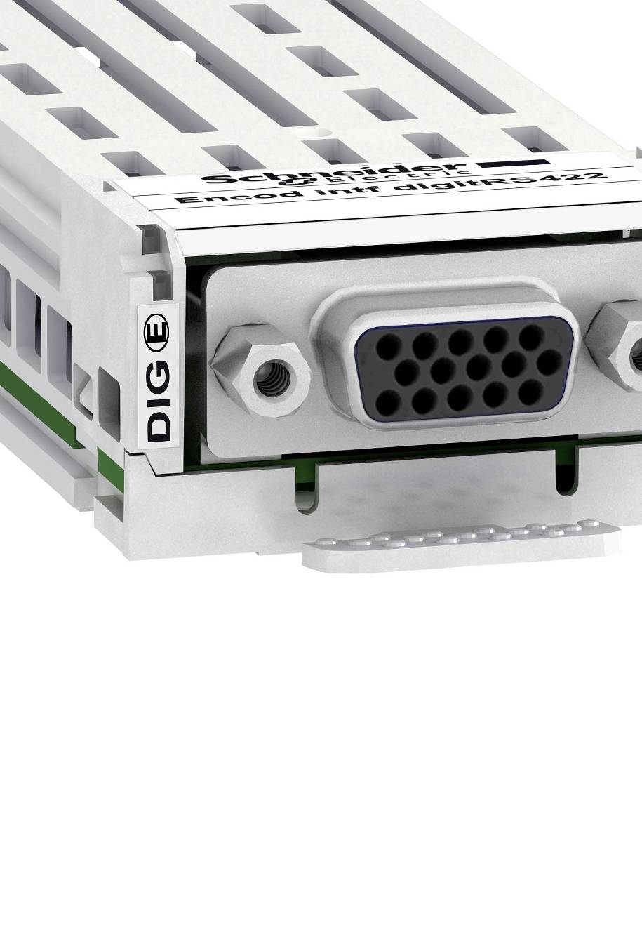 Un appareil électronique doté de plusieurs ports et étiquettes sur sa façade, au design industriel, principalement gris.