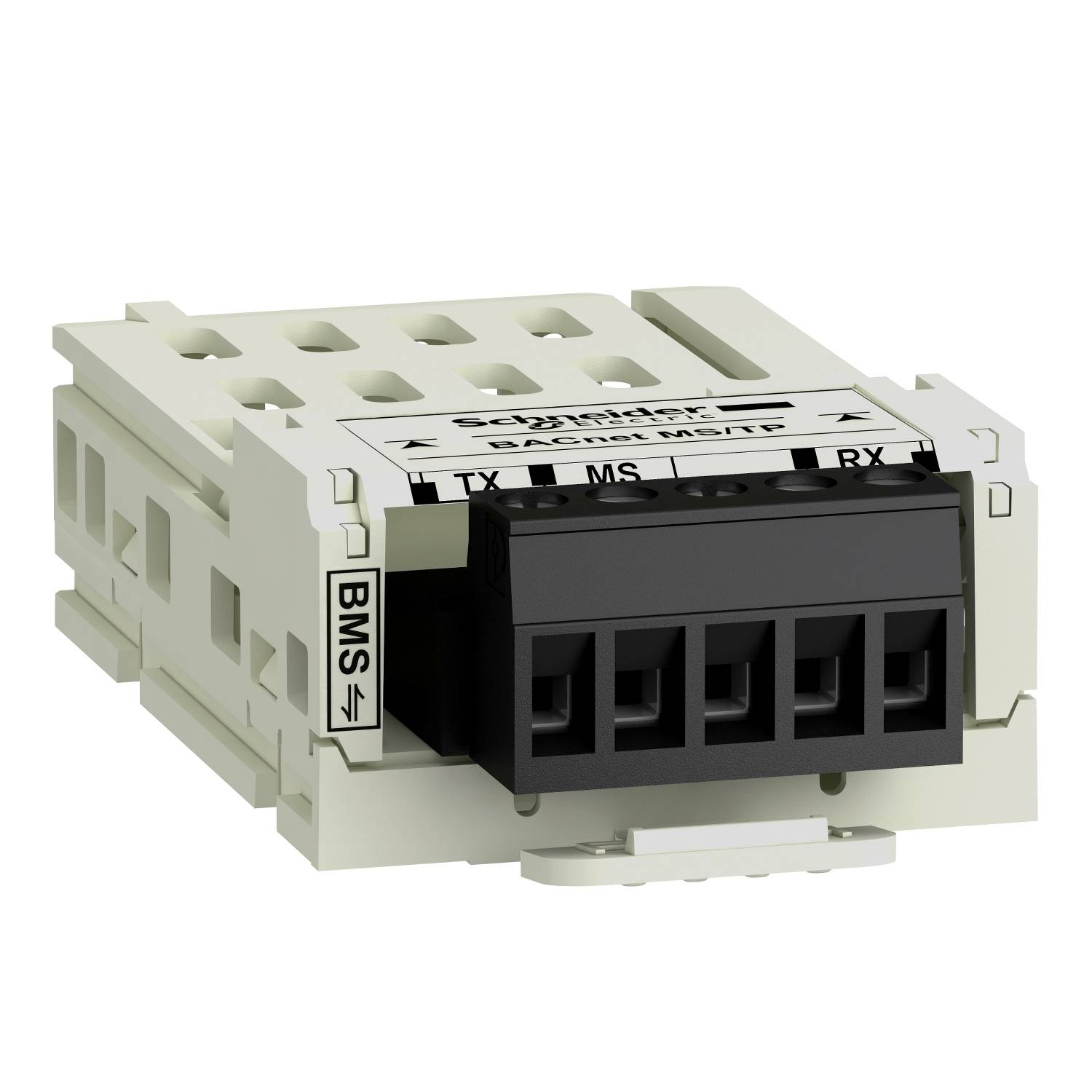 Un module électrique rectangulaire blanc portant l'inscription 'BACnet MS/TP'. À gauche, des connecteurs étiquetés 'BMS'.