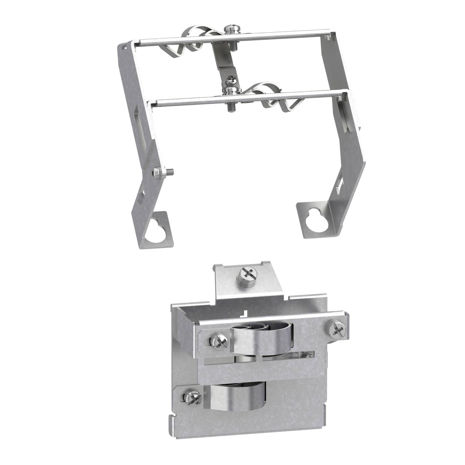 Support métallique en deux parties, composé d'une base fixée et d'un support de montage supérieur, pour l'installation d'équipements.
