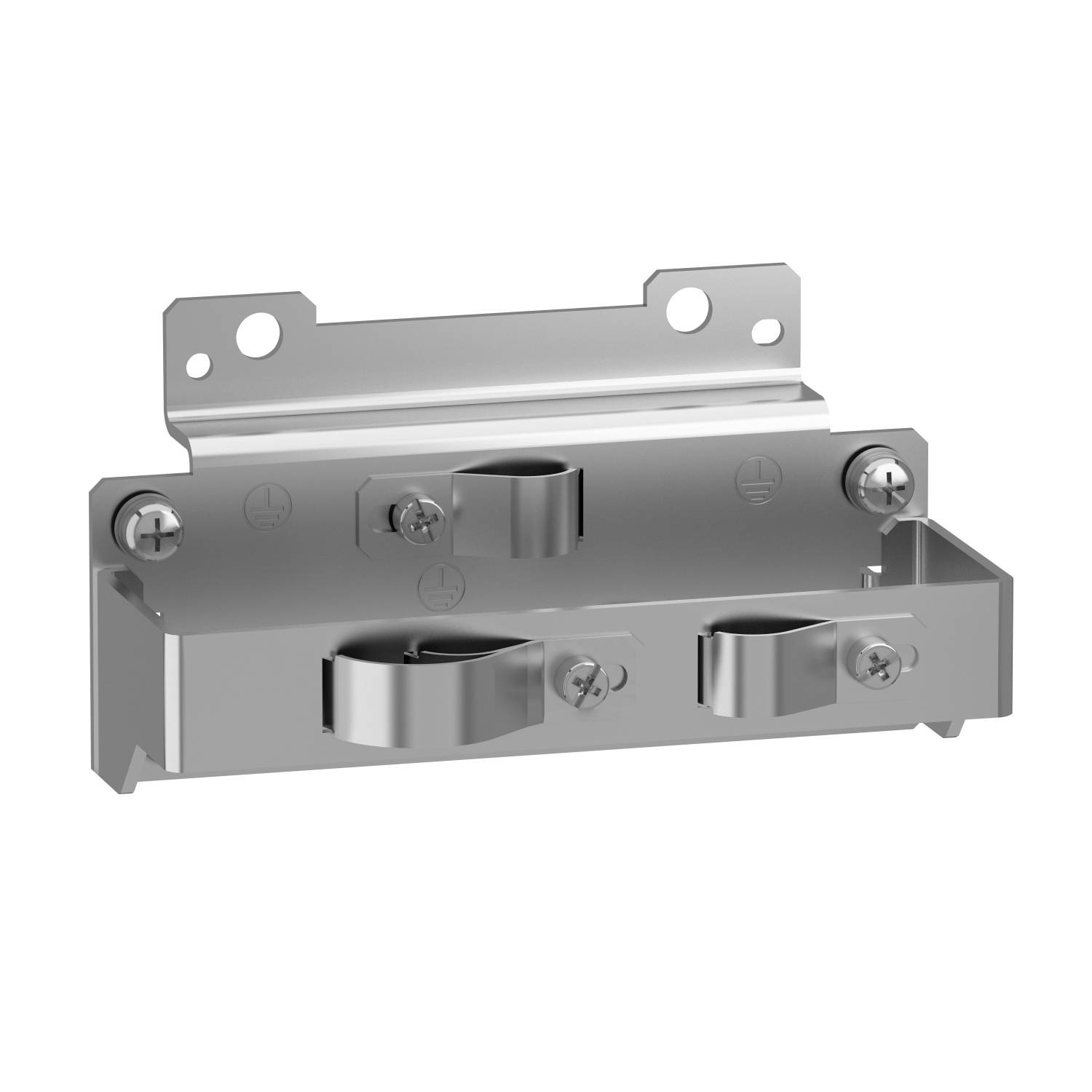 Support métallique muni de plusieurs ouvertures rondes et carrées permettant de fixer des tuyaux ou des câbles sur un mur ou une surface.