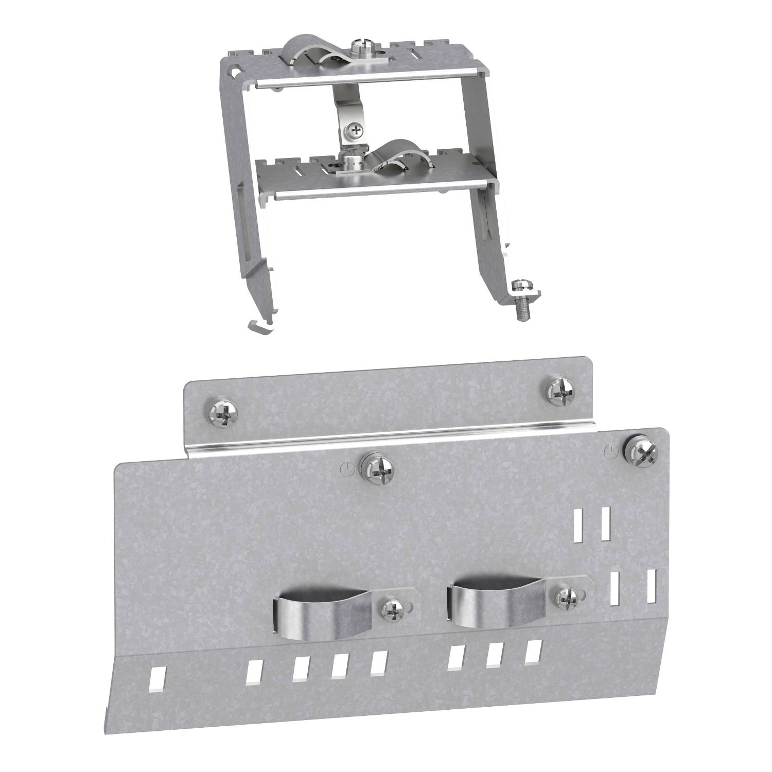 Support de montage en métal pour la fixation d'appareils aux murs. Composé de supports, vis et pinces.