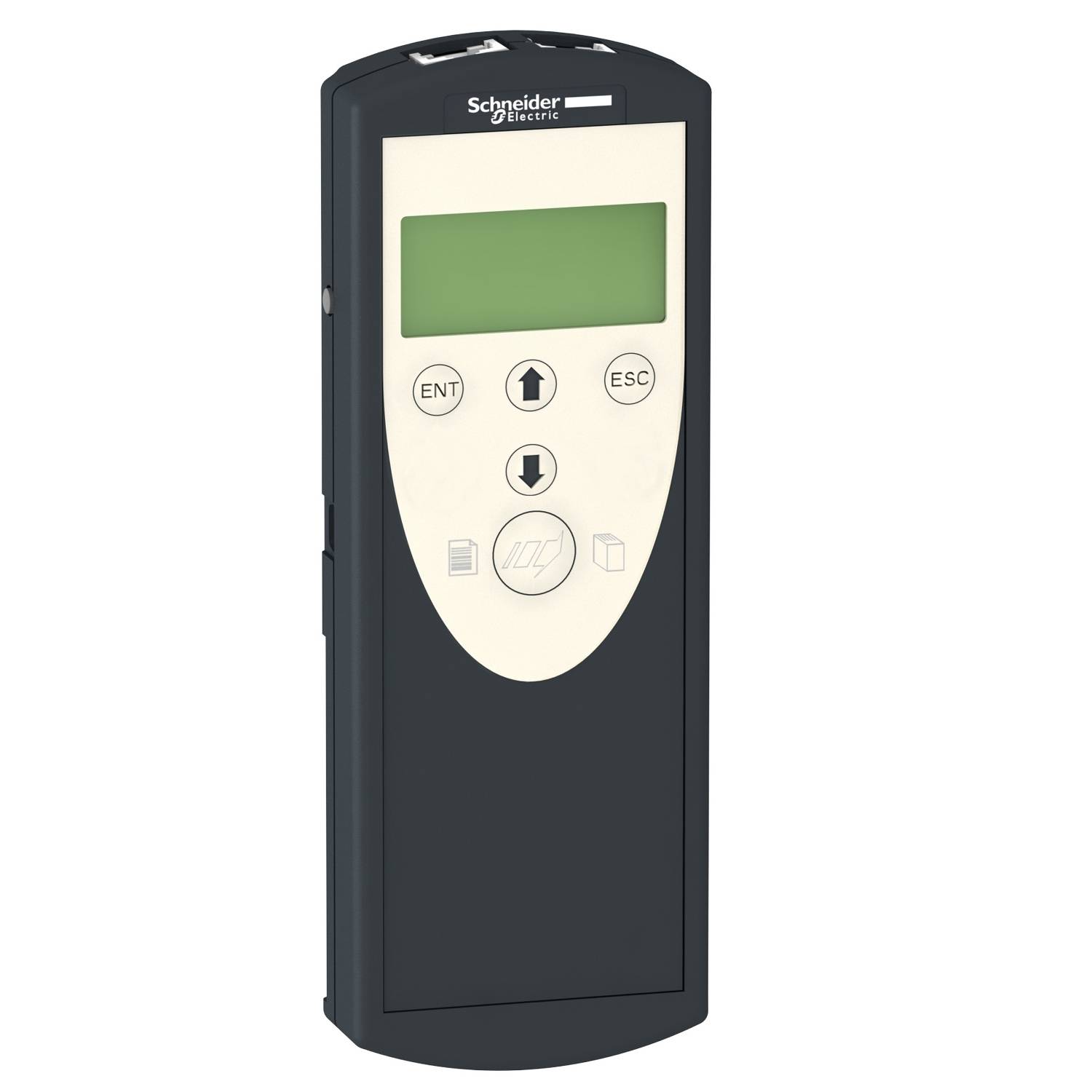 Un appareil portable de Schneider Electric avec écran et touches : 'ENT', 'ESC', touches fléchées, logo. Pour le contrôle de systèmes électroniques.