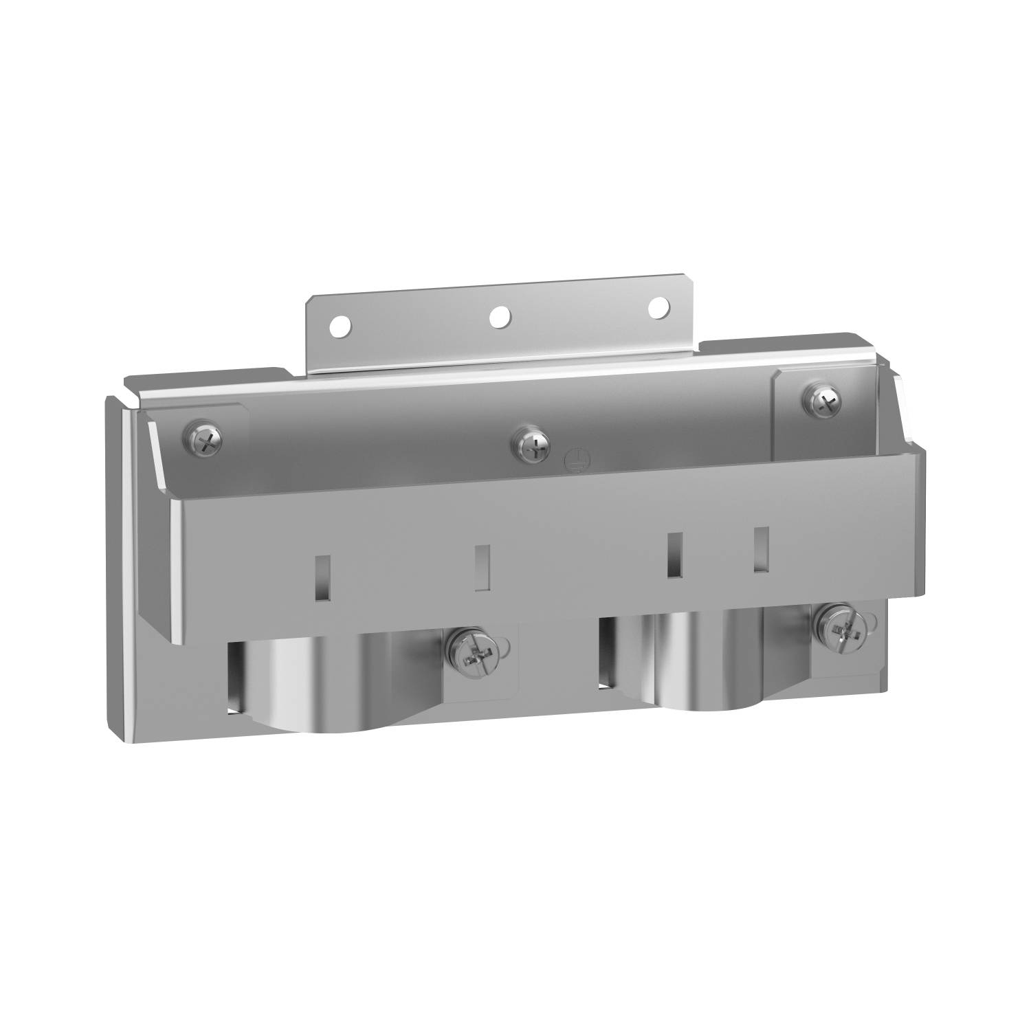 Support de fixation métallique pour montage mural, avec deux trous de vis en haut et trois attaches en bas, adapté à différents types de fixation.