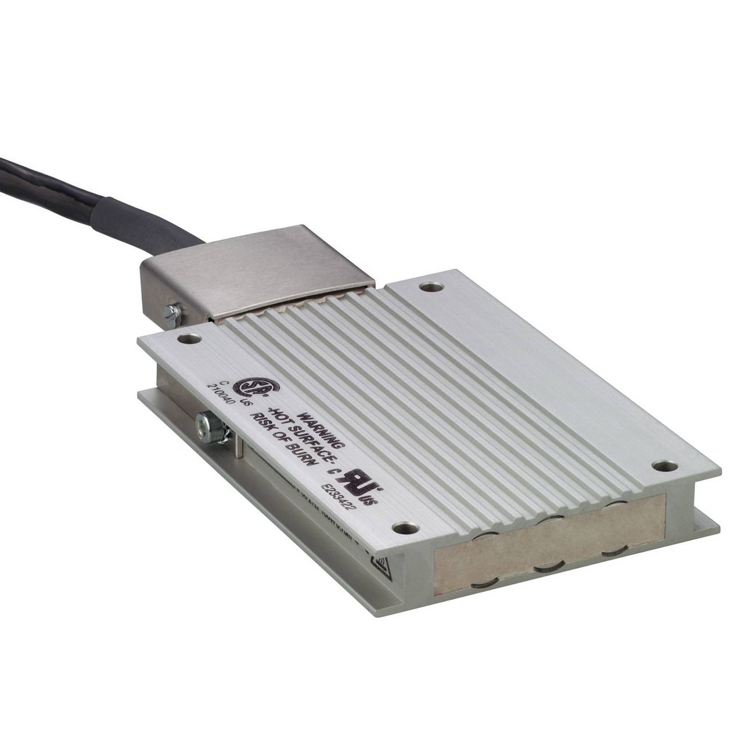 Module électronique en aluminium avec connexion de câble, logo de marque et spécifications techniques sur la surface.