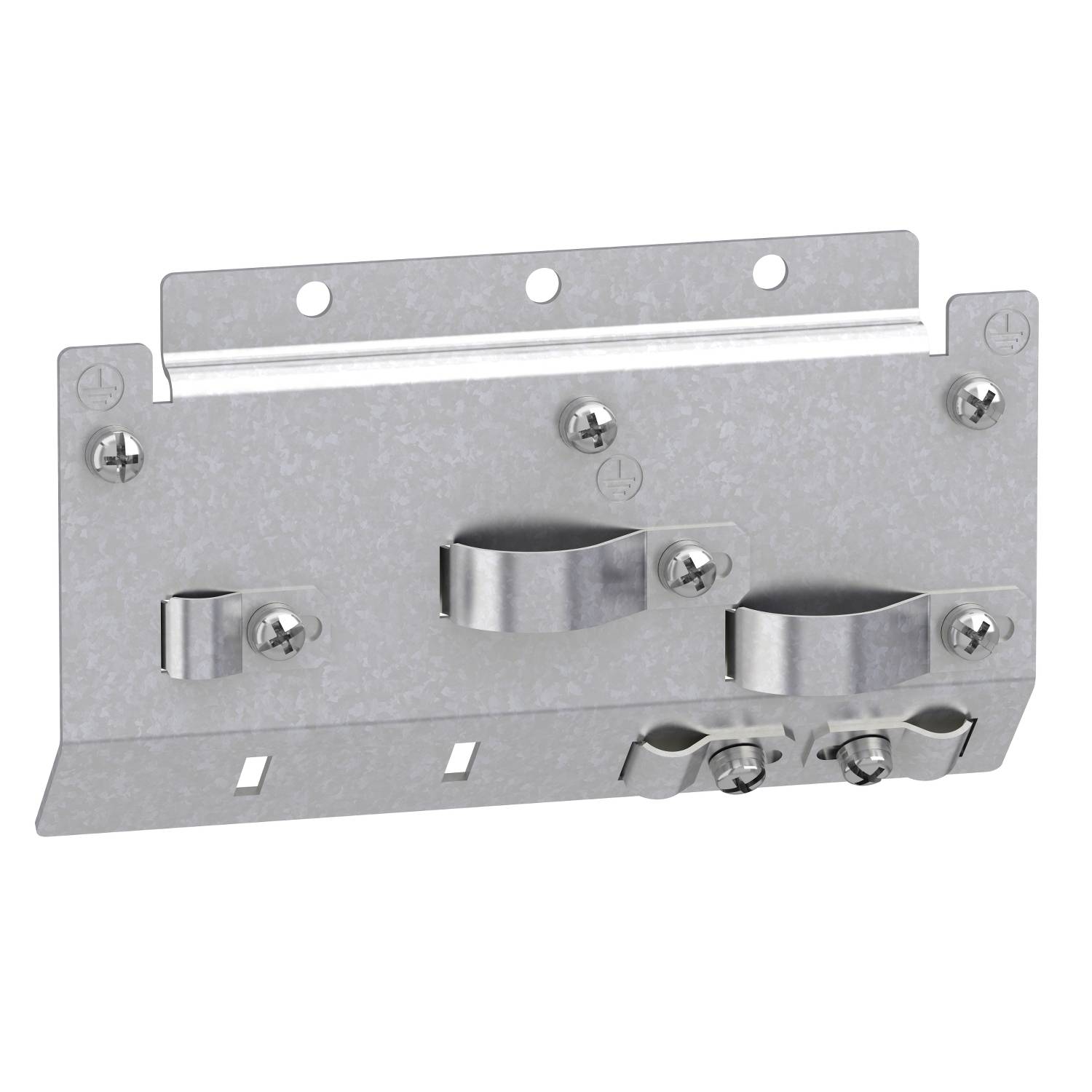 Support métallique avec deux clips ronds pour la fixation au mur. Elle comporte des trous pour des vis permettant un montage sécurisé.