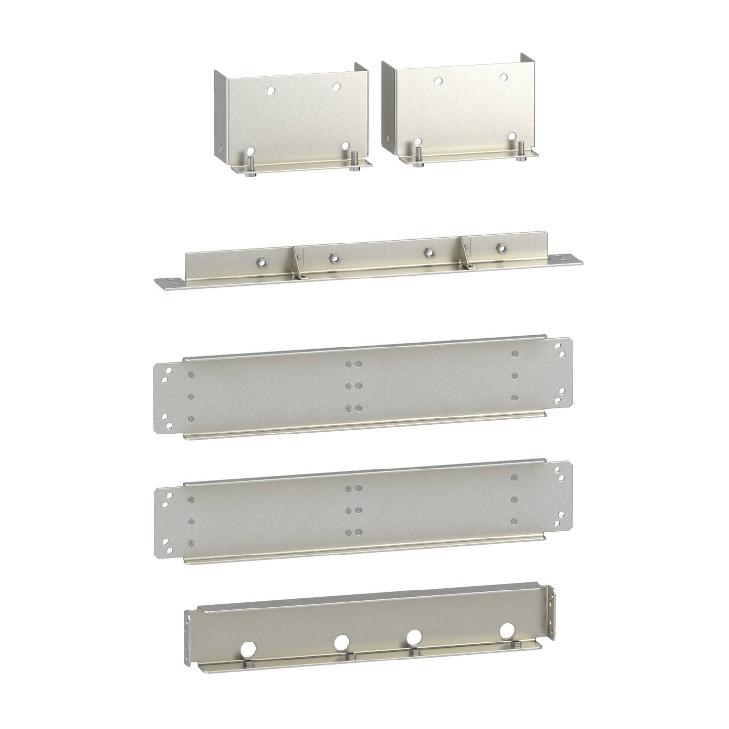 Pièces métalliques de différentes formes et tailles disposées verticalement. Comprend des supports et des plaques plates avec des trous.