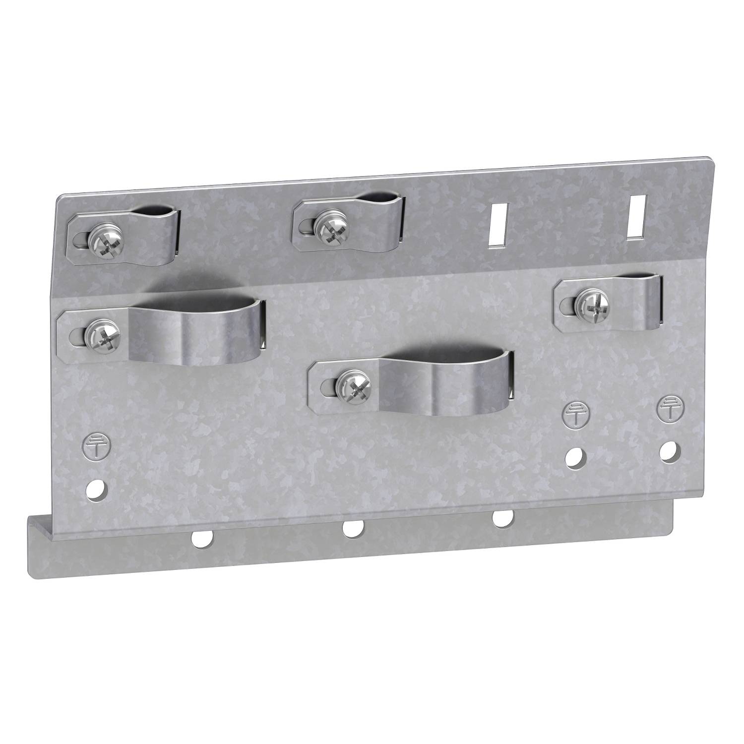 Plaque métallique avec plusieurs boucles et supports. Utilisée pour fixer des câbles ou des tuyaux sur un mur.
