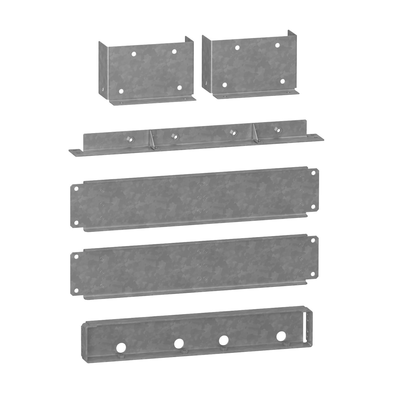 Pièces métalliques de différentes formes et tailles, alignées en rangées. Probablement des composants destinés à une construction.