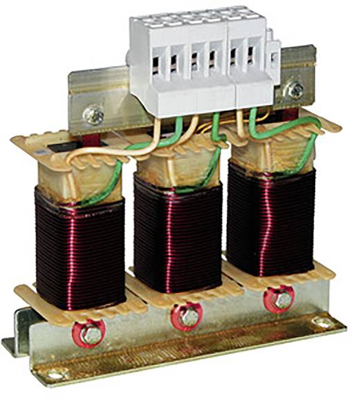 Transformateur triphasé à trois bobines avec câblage visible, monté sur support métallique, destiné à la conversion de tension électrique.