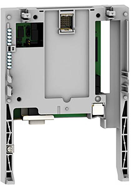 Module électronique gris avec connexions et circuit imprimé visibles, monté en position verticale, adapté aux applications industrielles.