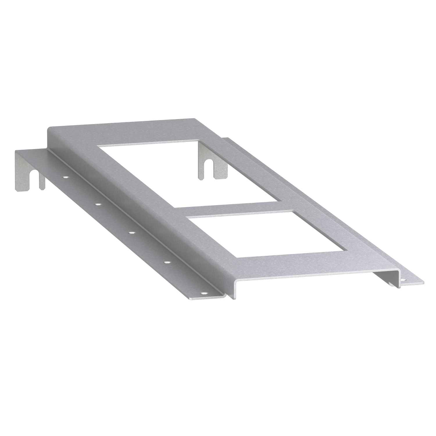 Support métallique avec des découpes rectangulaires, des trous de fixation latéraux et un design plat rectangulaire.