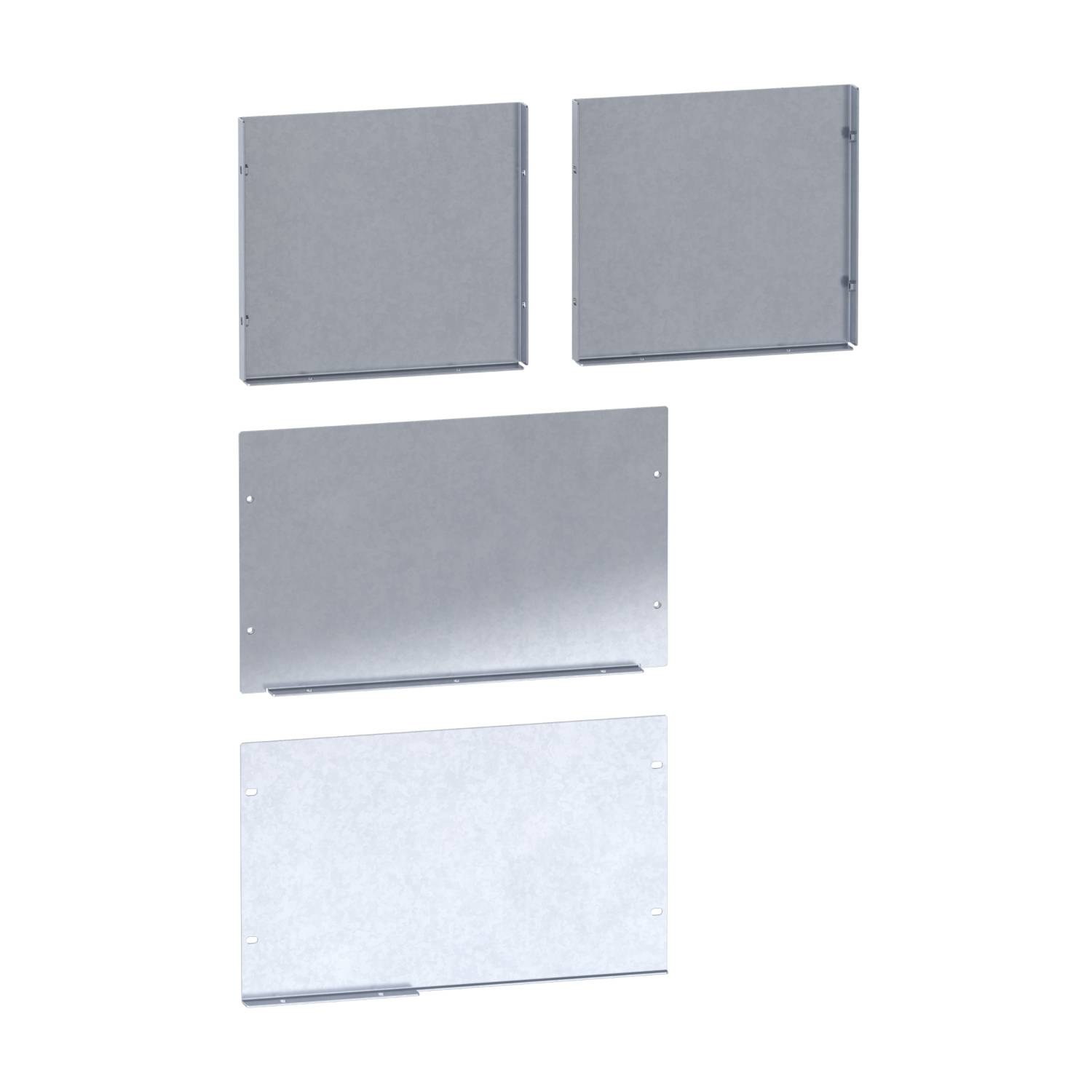 Quatre plaques métalliques argentées, rectangulaires et de différentes tailles, chacune percée de petits trous aux coins pour la fixation.