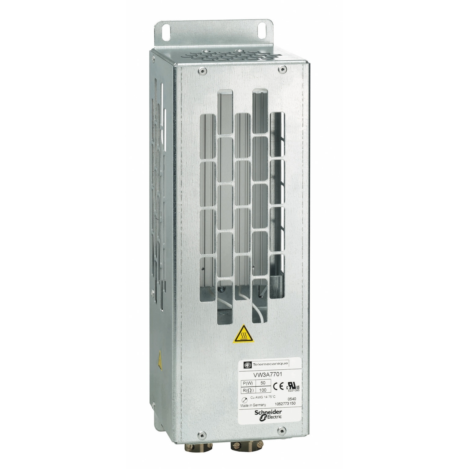 Un filtre rectangulaire pour armoire électrique de Schneider Electric, modèle VW3A7701, avec des fentes de ventilation et un avertissement de sécurité.
