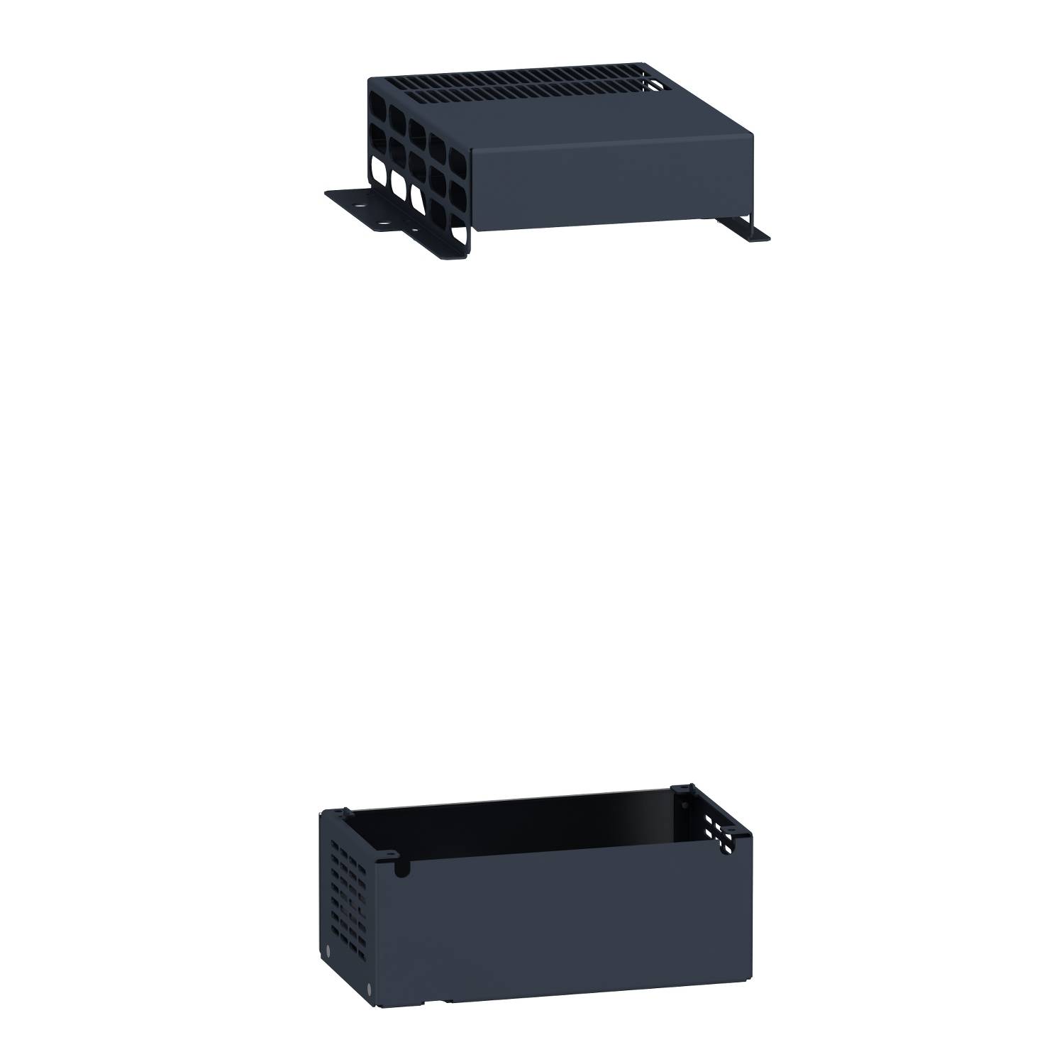 Deux boîtiers métalliques noirs, l'un avec des fentes de ventilation en haut et l'autre avec des côtés ouverts. Adaptés aux composants électroniques.