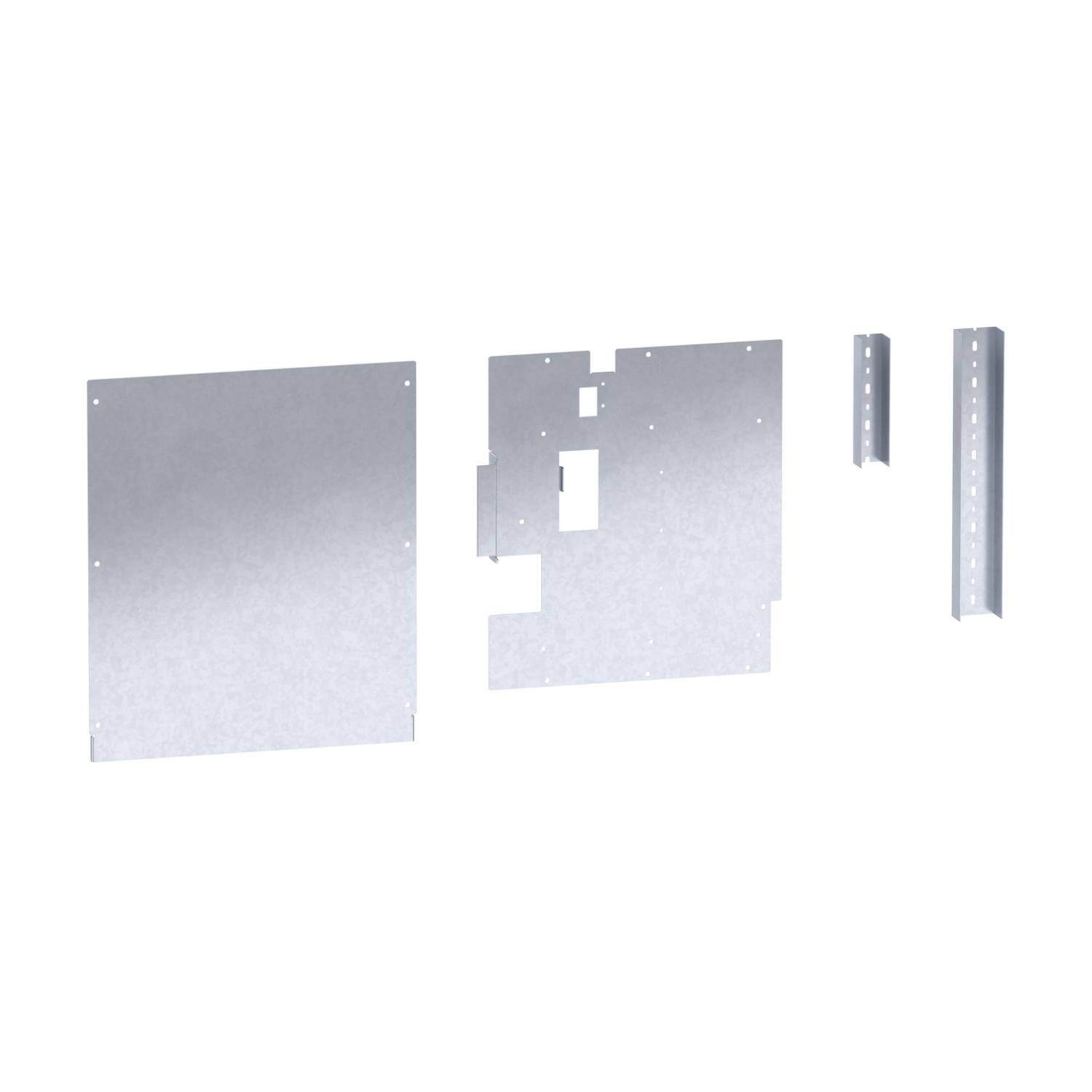 Pièces métalliques d'un kit d'assemblage, composées d'une plaque plate, d'une section structurée et de plusieurs supports étroits.