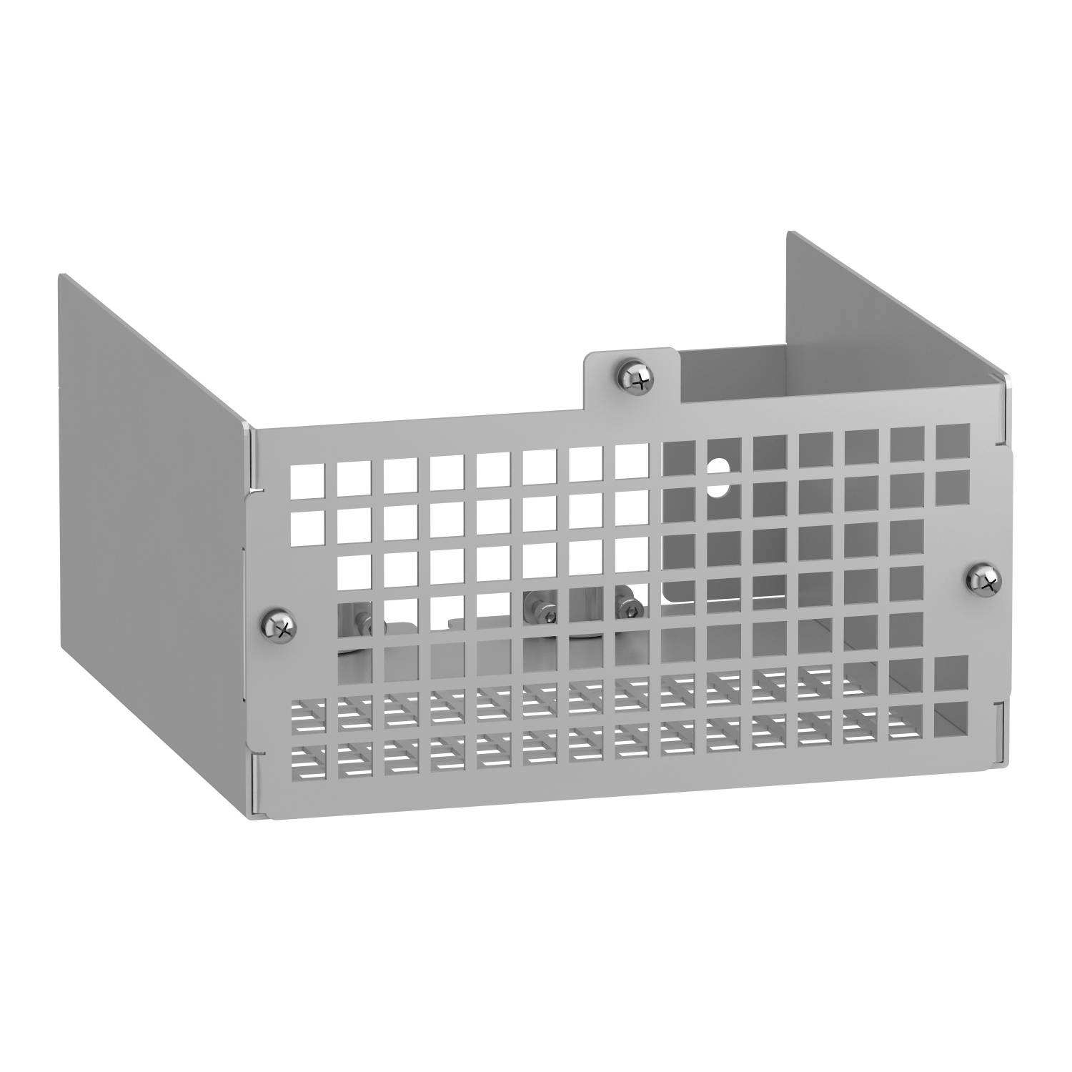 La boîte en grille métallique présente une forme rectangulaire avec des côtés ouverts et des vis de fixation murale, adaptée aux applications de protection.