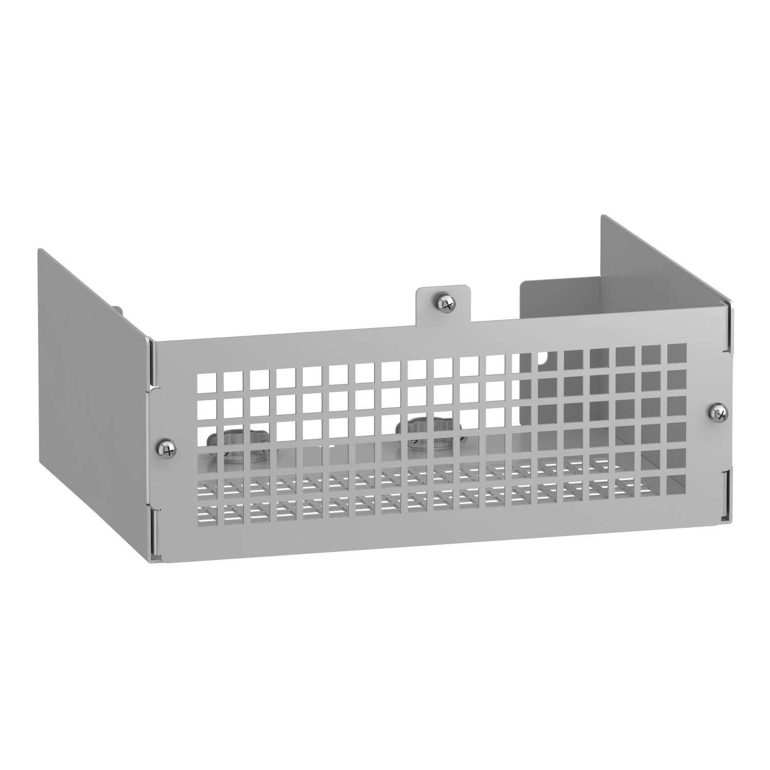Un panier rectangulaire en métal gris avec une structure grillagée pour la fixation, probablement destiné à l'organisation ou à la protection d'objets.